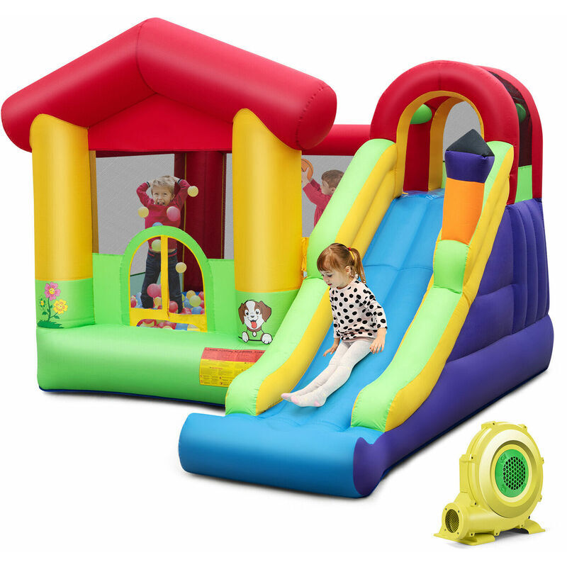 COSTWAY 5-in-1 Inflatable Bounce House Long Slide Blow up Bouncy Castle w/ 680W Blower