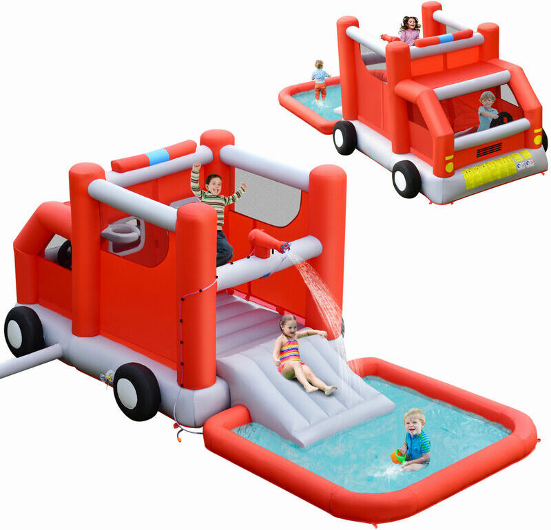 COSTWAY Firefighting-Themed Inflatable Kids Bouncy Castle Children Combo Water Slide