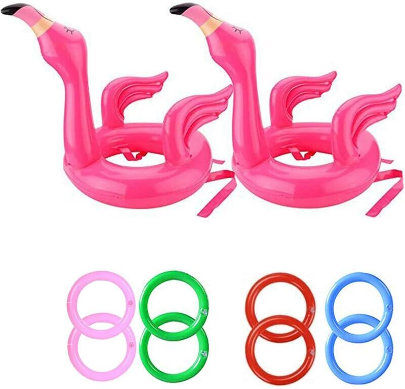 AOUGO Flamingo Game Ring Toss Game Inflatable Flamingo Hat with Rings (2 Inflatable Flamingo,8 Rings Toss) for Kids Adults Family Hawaii Luau Party Summer