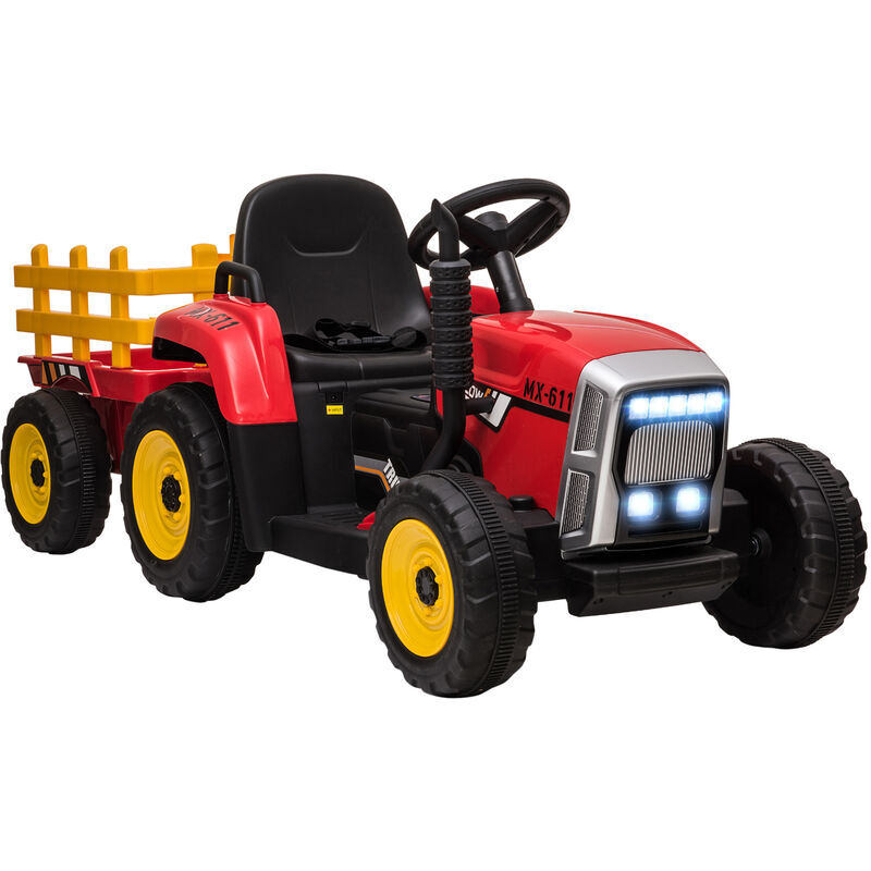 Homcom - Electric Ride on Tractor with Trailer 12V Kids Electric Car for 3-6 Years Red - Red