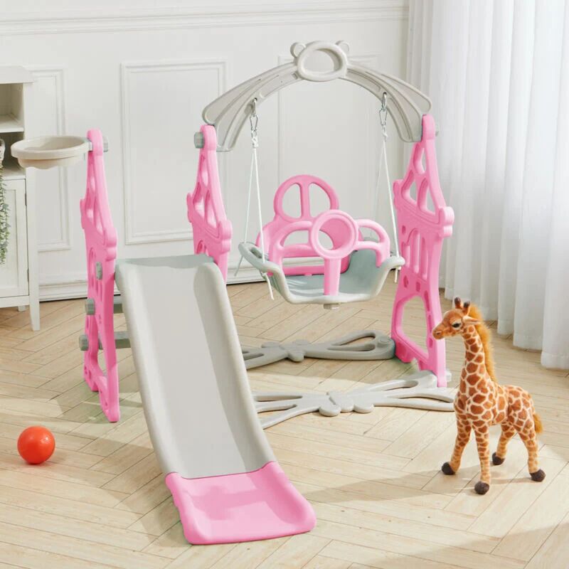 LIVINGANDHOME Kids Slide Climber and Swing Set Basketball Hoop 3 in 1 Play Game Center,Pink