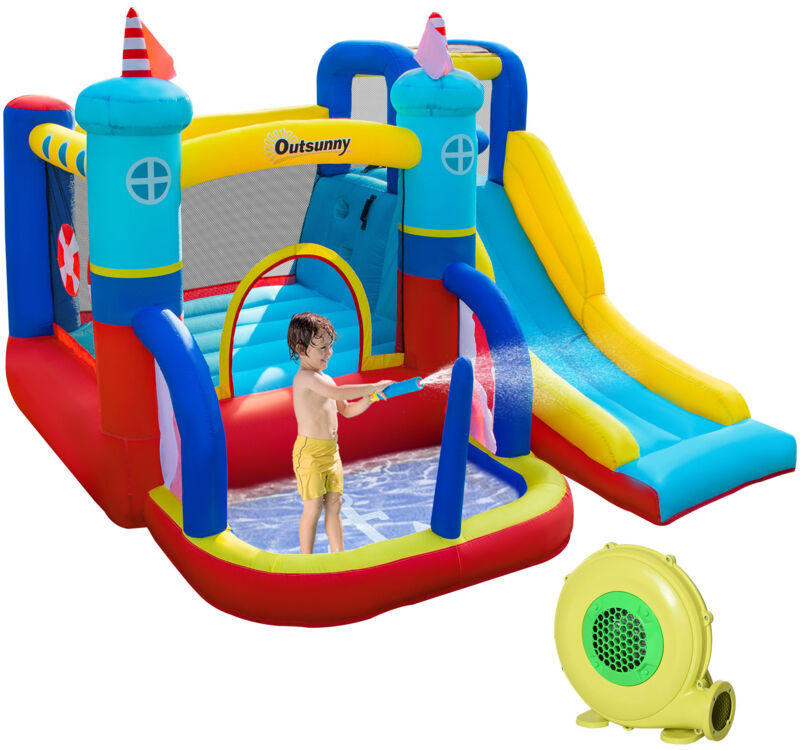 Kids Bouncy Castle with Slide Pool Trampoline Climbing Wall w/ Blower - Multi-colored - Outsunny