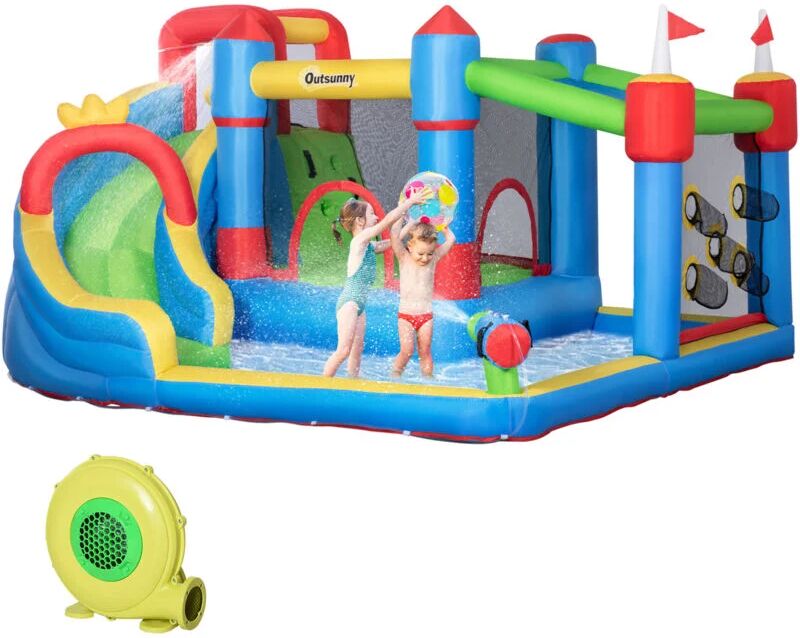 Kids Inflatable Bouncy Castle 6 in 1 Water Slide Water Gun Air Blower - Multi-colored - Outsunny