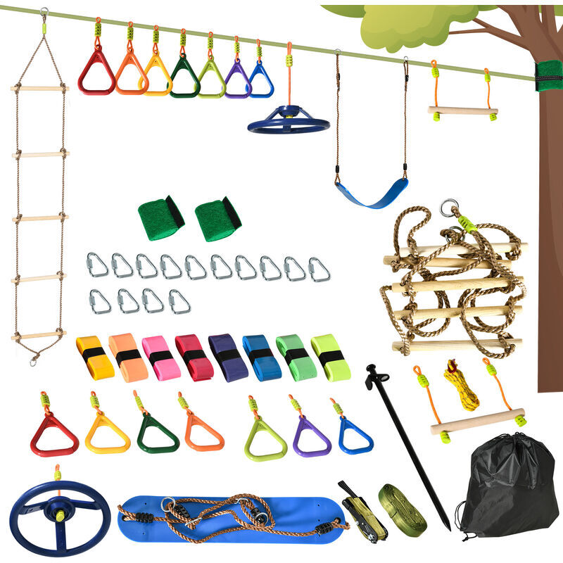 Ninja Obstacle Course w/ Monkey Bar, Gym Ring, Climbing Rope, Ladder - Multi-colored - Outsunny