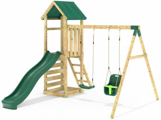 Adventure Wooden Climbing Frame, Swing Set and Slide - Rainier Green - Rebo