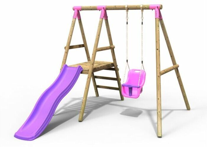 Cassini Wooden Garden Swing Set with Baby Swing, Platform and Slide - Pink - Rebo