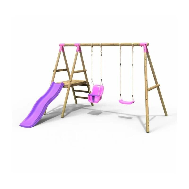 Odyssey Wooden Garden Swing Set with Standard Seat, Baby Seat, Platform and Slide - Pink - Rebo
