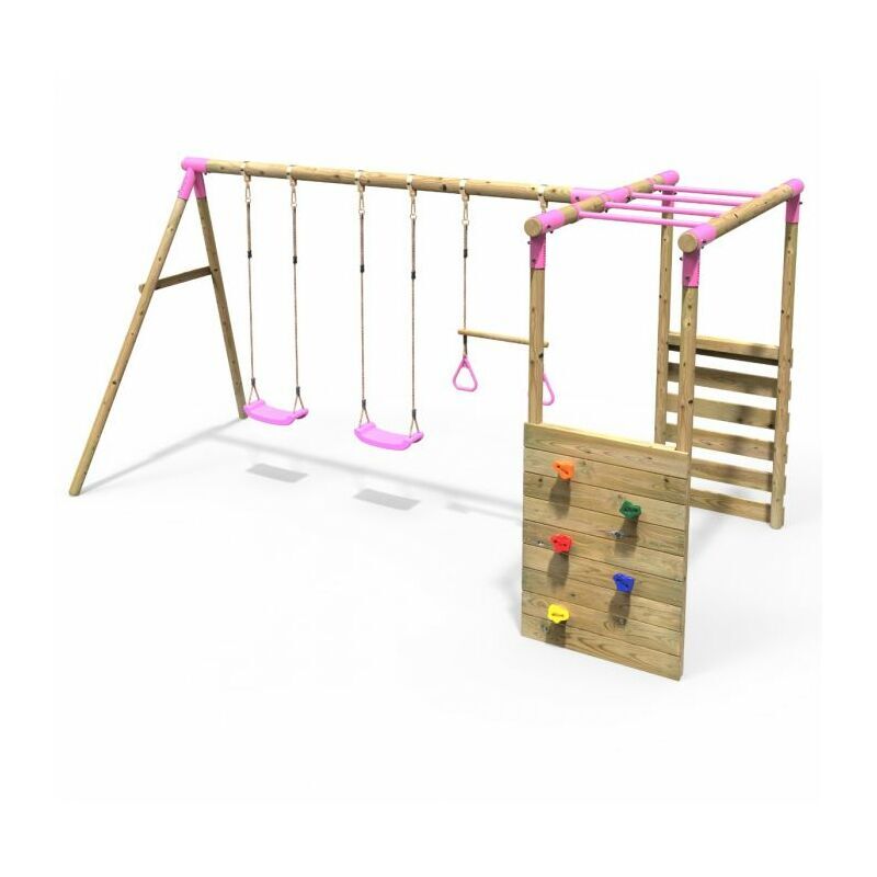 Wooden Children's Garden Swing Set with Monkey Bars - Comet Pink - Rebo
