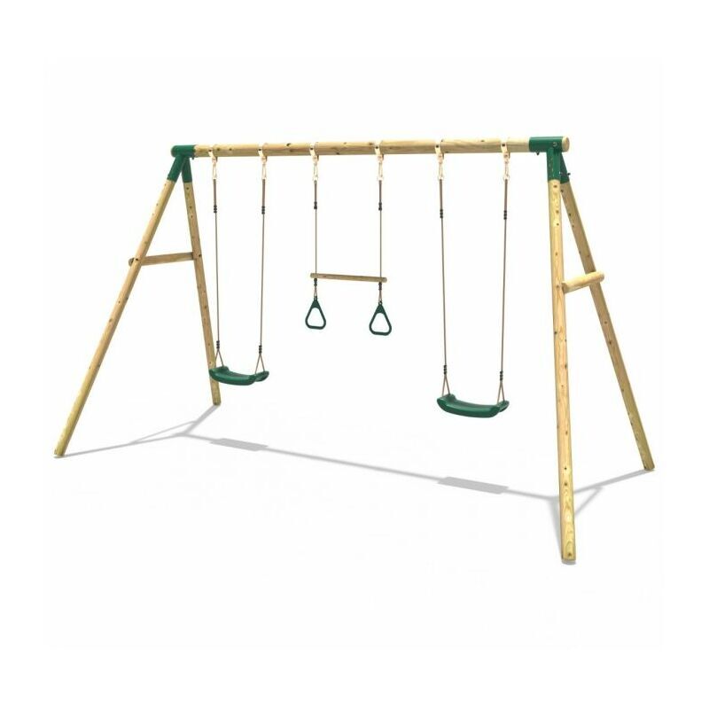 Wooden Garden Swing Set with 2 Swings and Trapeze Bar - Comet Green - Rebo