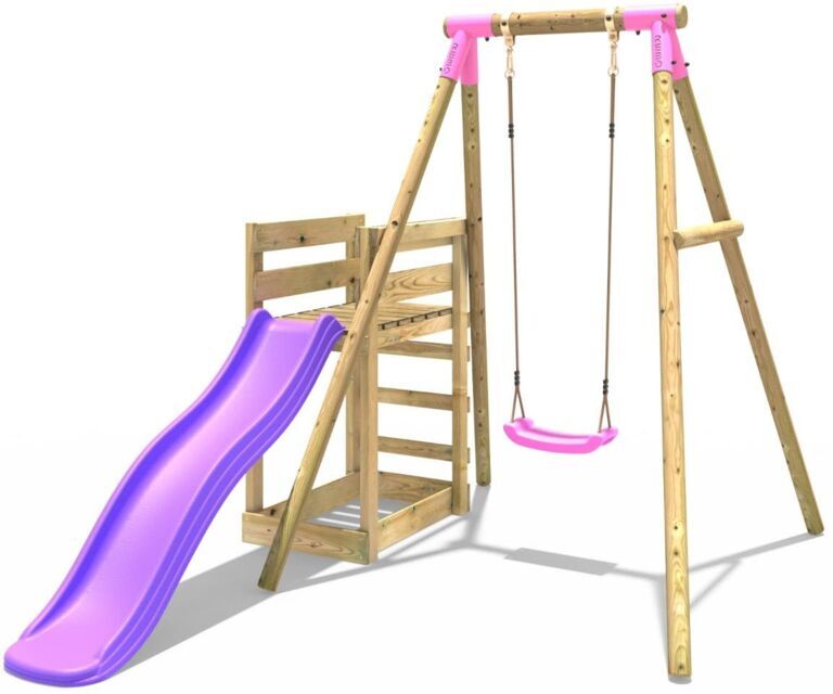 Wooden Swing Set plus Deck & Slide - Solar Pink - Rebo