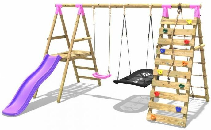 Wooden Swing Set with Deck and Slide plus Up and Over Climbing Wall - Quartz Pink - Rebo