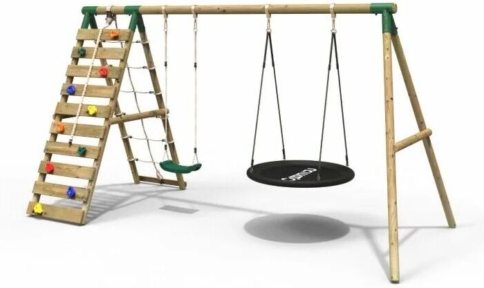 Wooden Swing Set with Up and Over Climbing Wall - Vale Green - Rebo