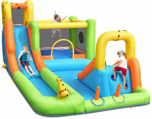 GYMAX Water Park Inflatable Bounce House w/ Double Slides & Basketball Hoop