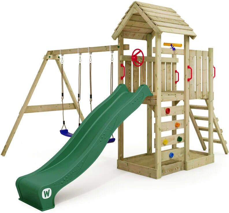 wickey Wooden climbing frame MultiFlyer with wooden roof, swing set and slide, Garden playhouse with sandpit, climbing ladder & play-accessories - green