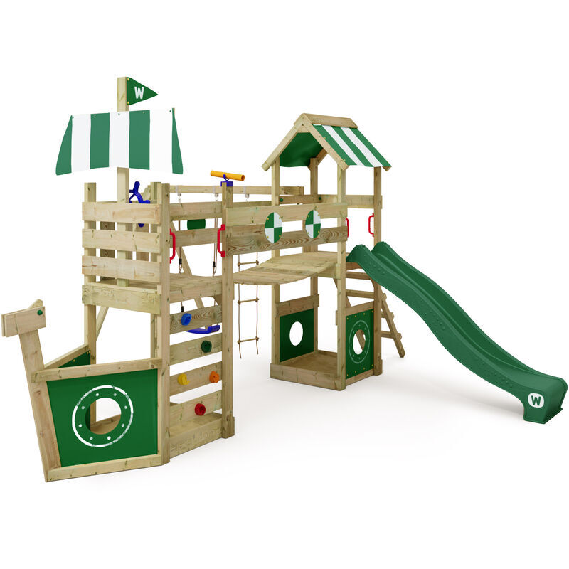 wickey Wooden climbing frame StormFlyer with swing set and slide, Playhouse on stilts for kids with sandpit, climbing ladder & play-accessories - green