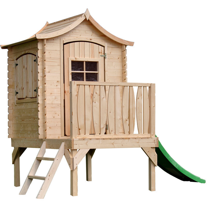 Timbela - Wooden Playhouse for Kids Outdoor, 19 mm planks - Fun Wendy House Outdoor Play - Garden Play House for Kids with slide H212 x 175 x 146 cm