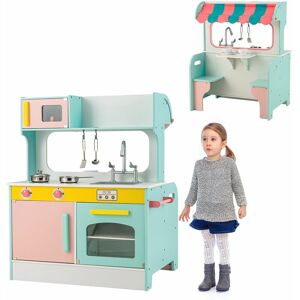 GYMAX 2-in-1 Kids Play Kitchen & Restaurant Wooden Pretend Double-sided Cooking Toy