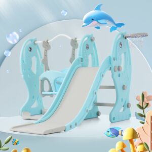 MODERNLUXE 4 in -1 children's slide - Dolphin shape - Blue - Climbing, swing, and basketball hoop