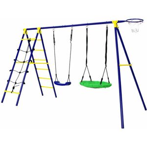 GYMAX 5-In-1 Outdoor Kids Swing Set Climbing Ladder Games w/ Basketball Hoop