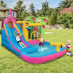 GYMAX 6-In-1 Dry Wet Combo Water Slide Inflatable Bouncy House Blowup with 680W Blower