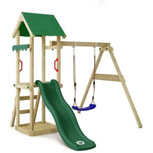 Wooden climbing frame TinyWave with swing set and slide, Garden playhouse with sandpit, climbing ladder & play-accessories - green - green - Wickey