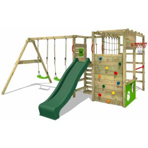 Wooden climbing frame ActionArena with swing set and slide, Garden playhouse with climbing wall & play-accessories - green - green - Fatmoose