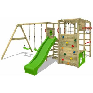 fatmoose Wooden climbing frame ActionArena with swing set and slide, Garden playhouse with climbing wall & play-accessories - apple green - apple green