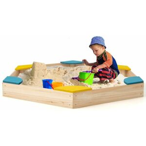 COSTWAY Hexagon Outdoor Wooden Sandbox Kids Sand Pit 4 Built-in Seats Backyard Sandpit