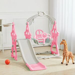 LIVINGANDHOME Pink Indoor and Outdoor Swing and Slide Set for Kids