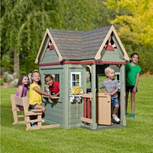 UNIQUEHOMEFURNITURE Outdoor Wooden Playhouse Kids Wendy House Garden Cottage Bench Child Summer Play