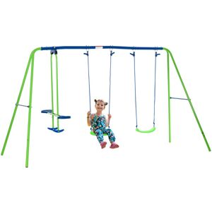 Metal 2 Swings & Seesaw Set Height Adjustable Outdoor Play Set Green - Green - Outsunny