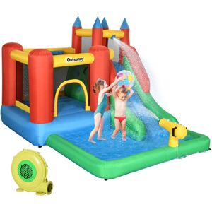 Kids Bouncy Castle w/ Slide Water Pool Climbing Wall & Trampoline - Blue, Yellow, Green, Red - Outsunny