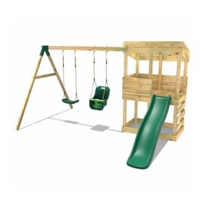 Rebo Wooden Lookout Tower Playhouse with 6ft Slide & Swings - Redwood