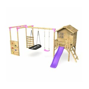 Orchard 4ft Wooden Children's Playhouse, Swings, Monkey Bars, Deck & 6ft Slide - Double Swing - Sage Purple - Rebo