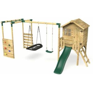 Rebo Orchard 4ft Wooden Children's Playhouse, Swings, Monkey Bars, Deck & 6ft Slide - Double Swing - Sage Green