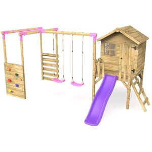 Orchard 4ft Wooden Children's Playhouse, Swings, Monkey Bars, Deck & 6ft Slide - Double Swing - Venus Purple - Rebo