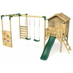 Orchard 4ft Wooden Children's Playhouse, Swings, Monkey Bars, Deck & 6ft Slide - Double Swing - Venus Green - Rebo