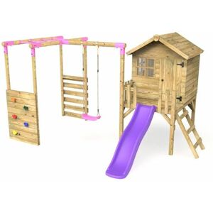 Orchard 4ft Wooden Children's Playhouse, Swings, Monkey Bars, Deck & 6ft Slide - Single Swing - Solar Purple - Rebo