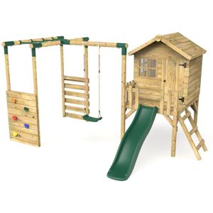 Orchard 4ft Wooden Children's Playhouse, Swings, Monkey Bars, Deck & 6ft Slide - Single Swing - Solar Green - Rebo