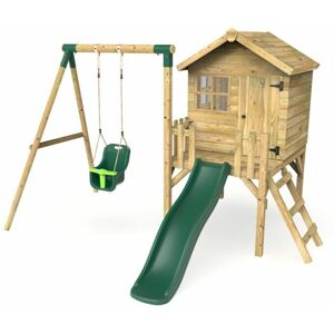 Orchard 4ft x 4ft Wooden Playhouse with Baby Swing, 900mm Deck and 6ft Slide - Pluto Green - Rebo