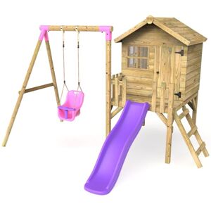 Orchard 4ft x 4ft Wooden Playhouse with Baby Swing, 900mm Deck and 6ft Slide - Pluto Purple - Rebo