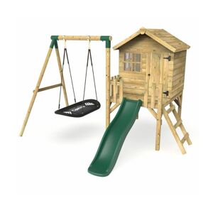 Orchard 4ft x 4ft Wooden Playhouse with Boat Swing, 900mm Deck and 6ft Slide - Boat Green - Rebo