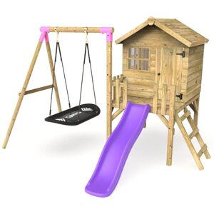 Orchard 4ft x 4ft Wooden Playhouse with Boat Swing, 900mm Deck and 6ft Slide - Boat Purple - Rebo