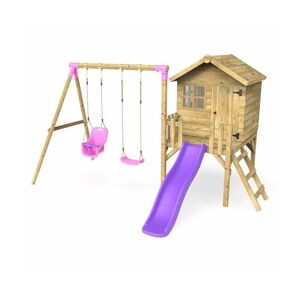 Orchard 4ft x 4ft Wooden Playhouse with Standard Swing, Baby Swing, 900mm Deck and 6ft Slide - Luna Purple - Rebo