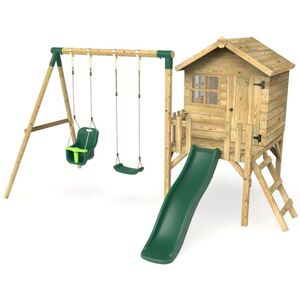 Orchard 4ft x 4ft Wooden Playhouse with Standard Swing, Baby Swing, 900mm Deck and 6ft Slide - Luna Green - Rebo