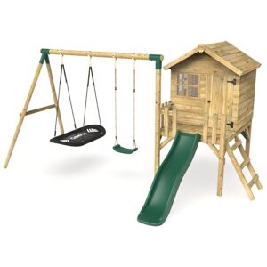 Orchard 4ft x 4ft Wooden Playhouse with Standard Swing, Boat Swing, 900mm Deck and 6ft Slide - Sage Green - Rebo