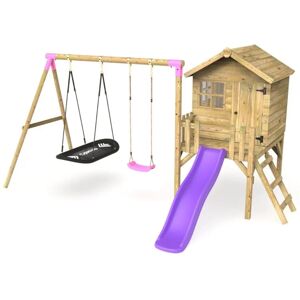 Orchard 4ft x 4ft Wooden Playhouse with Standard Swing, Boat Swing, 900mm Deck and 6ft Slide - Sage Purple - Rebo