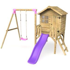 Orchard 4ft x 4ft Wooden Playhouse with Swings, 900mm Deck and 6ft Slide - Solar Purple - Rebo