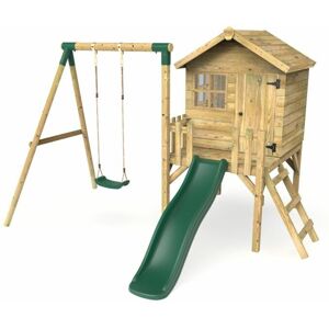 Orchard 4ft x 4ft Wooden Playhouse with Swings, 900mm Deck and 6ft Slide - Solar Green - Rebo