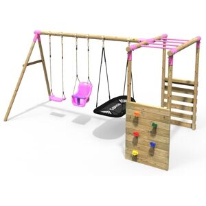 Wooden Children's Garden Swing Set with Monkey Bars - Triple Swing - Halley Pink - Rebo